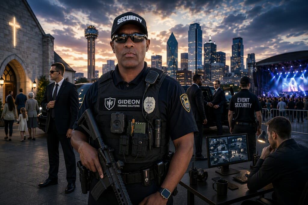 Professional security officer in tactical gear — Gideon Training Solutions, Dallas–Fort Worth