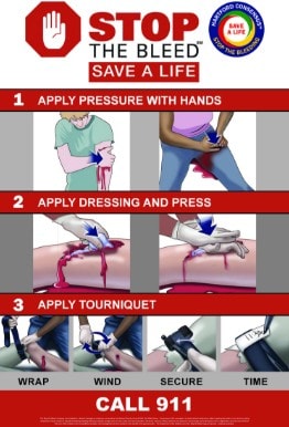Gideon Training Solutions Stop the Bleed training poster showing three life-saving steps - apply direct pressure with hands, apply dressing and maintain pressure, apply CAT tourniquet and monitor time - with essential IFAK supplies including pressure bandage, chest seals, hemostatic gauze, nitrile gloves, trauma shears, and IFAK pouch for responsible gun owners across Dallas, Fort Worth, Mansfield, Arlington, and all DFW and North Texas cities