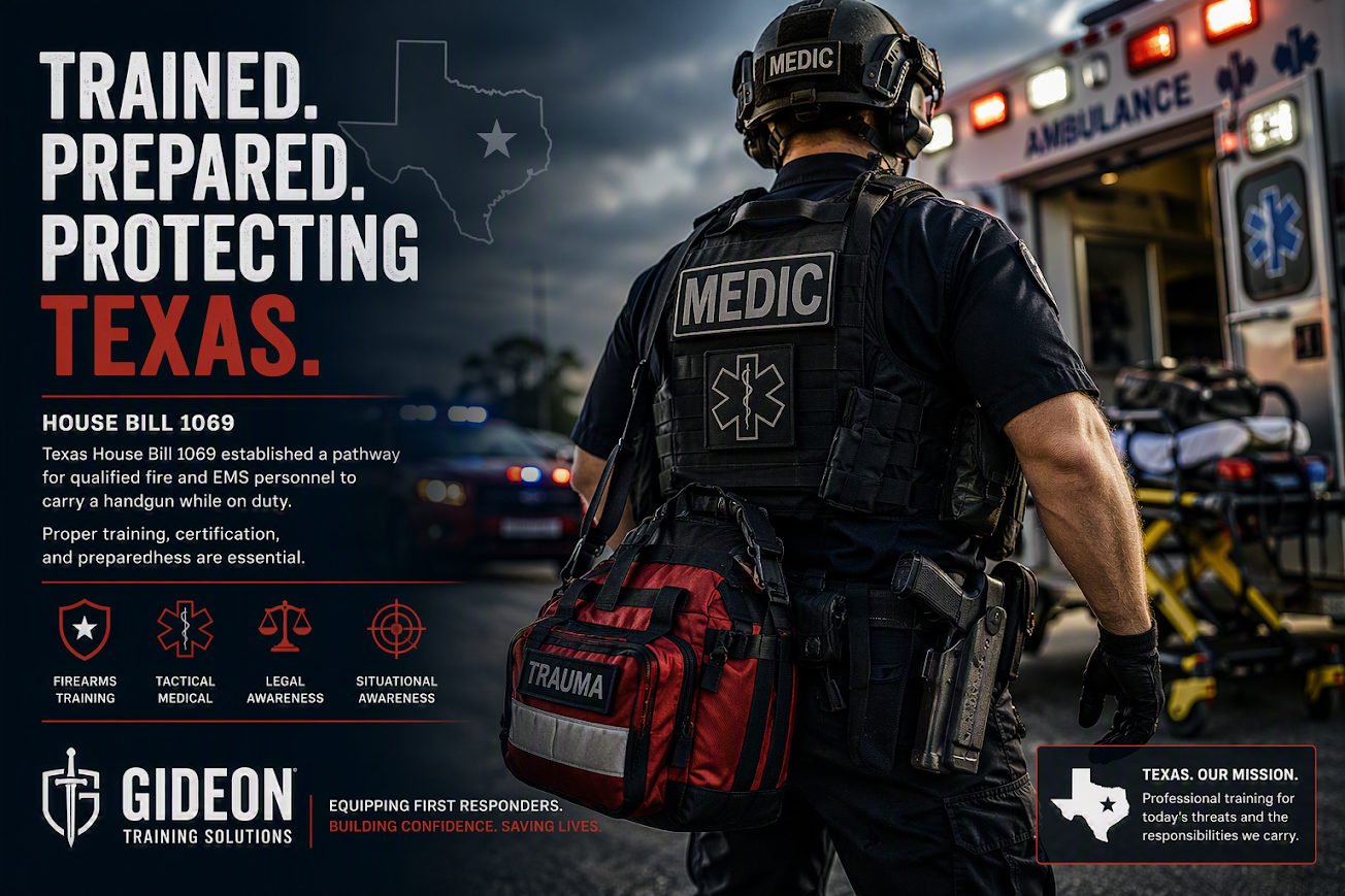 Promotional graphic for Texas House Bill 1069 titled Trained Prepared Protecting Texas featuring a person in tactical gear labeled MEDIC. HB 1069 expanded the Guardian Program establishing a pathway for qualified fire, EMS, and school personnel to receive enhanced emergency response training. Gideon Training Solutions supports Guardian Program training for schools and first responders across Dallas, Fort Worth, Mansfield, Arlington, and all North Texas communities.