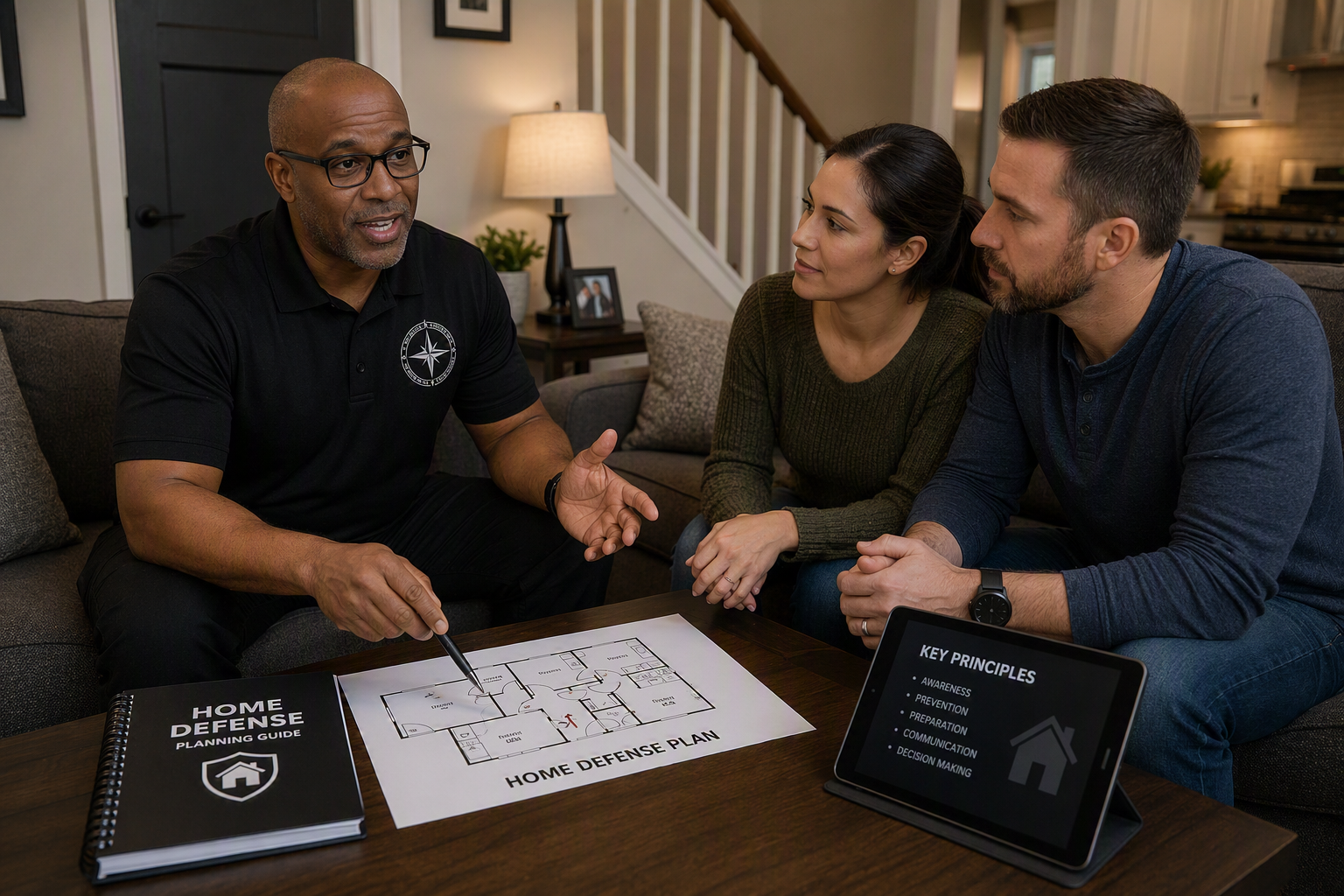 Participants seated around a table reviewing home defense strategy diagrams with a Gideon Training Solutions instructor. Expert-led Home Defense Training course based on the USCCA curriculum covering room-clearing fundamentals, safe firearm storage with quick access, and stress response techniques. Home defense training available in Dallas, Fort Worth, Mansfield, Arlington, Grand Prairie, DeSoto, and across all DFW and North Texas cities.